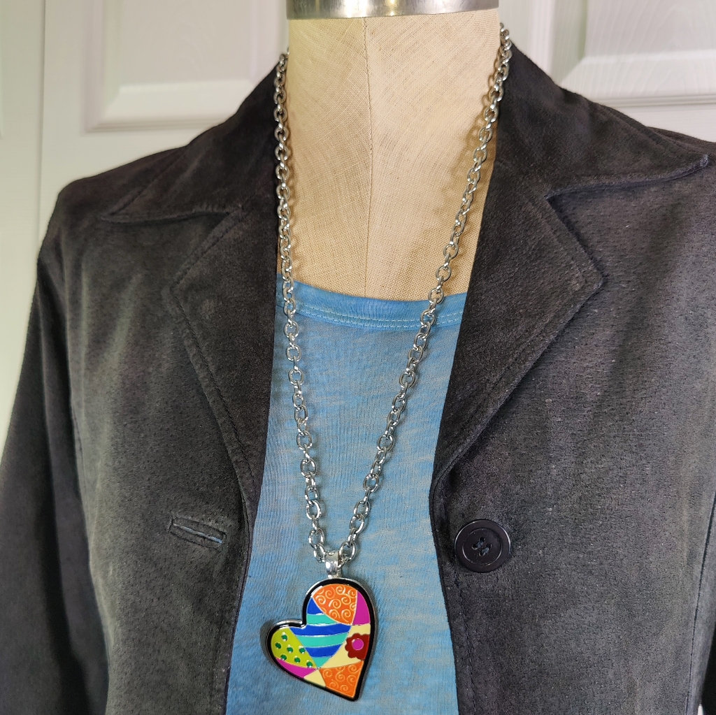 Whimsical Patchwork Heart Slider Pendant Chain Necklace Silver Tone Rmn Roman 19$